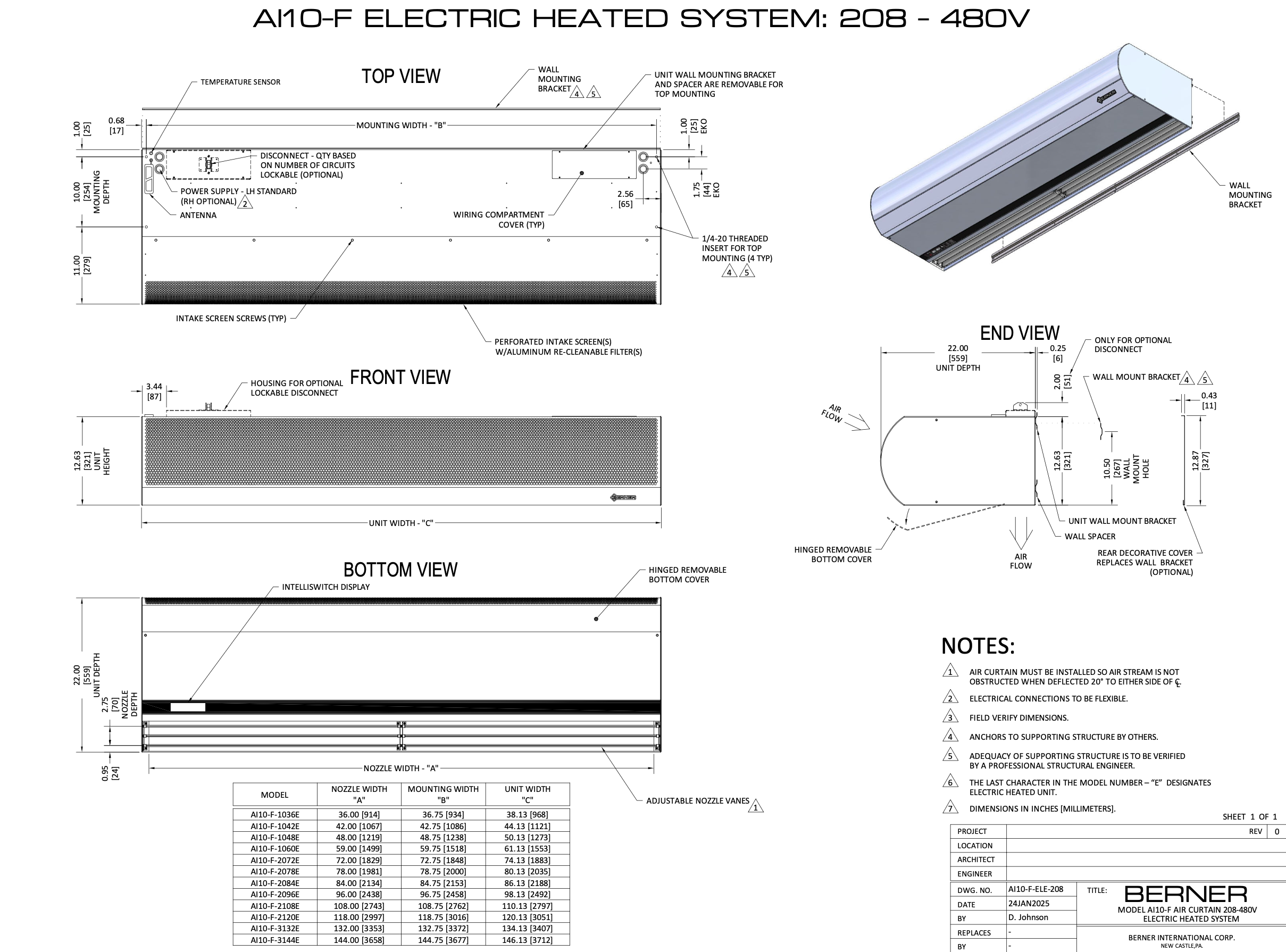 AI10-F-2096EB - 96", Electric Heated, 208V, Single Phase, Aluminum, Berner Architectural Icon 10 Series