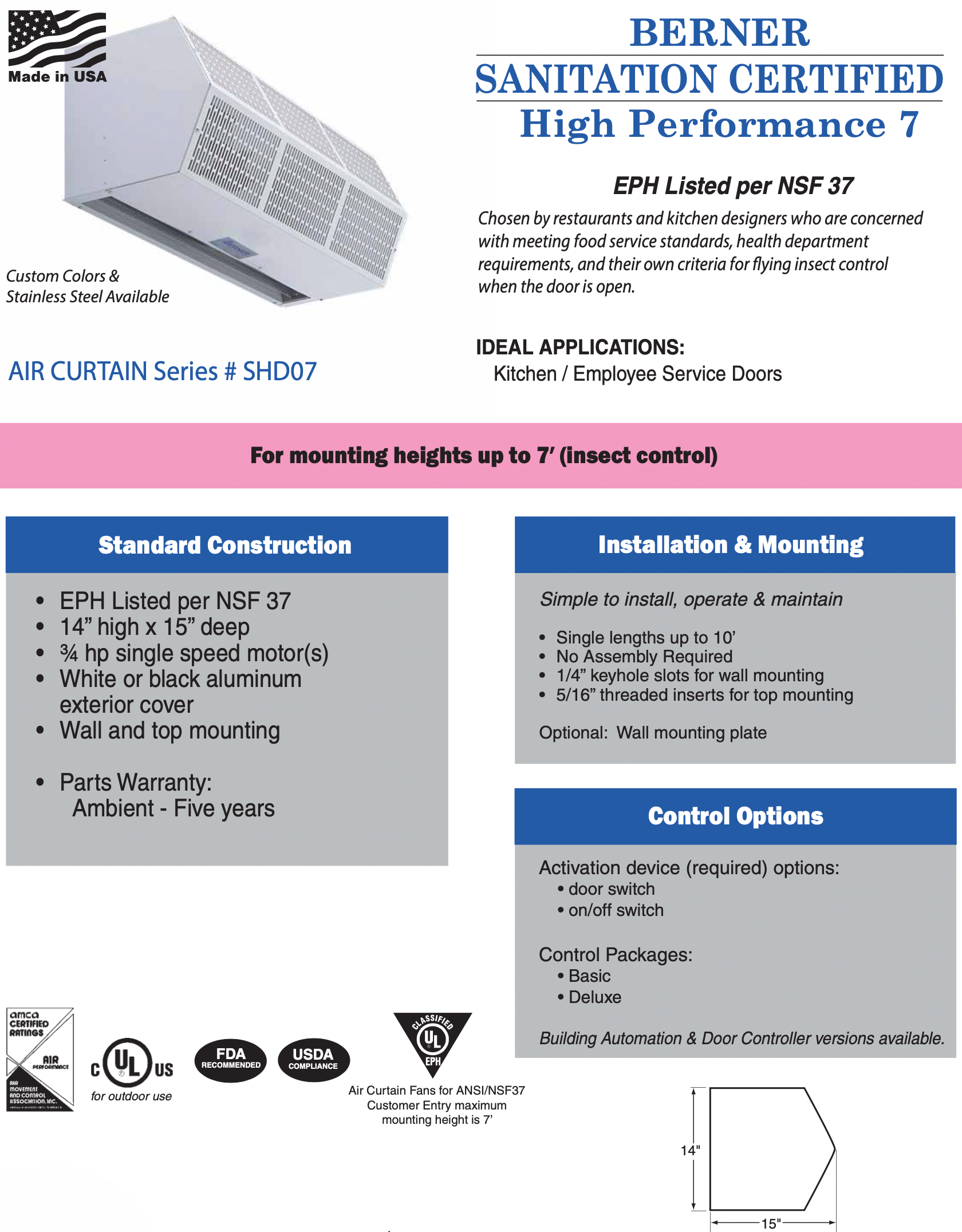 SHD07-1072AA-S01 - 72" White, Ambient Air, 120V, Single Phase - Berner Sanitation Certified High Performance 7 Air Curtain
