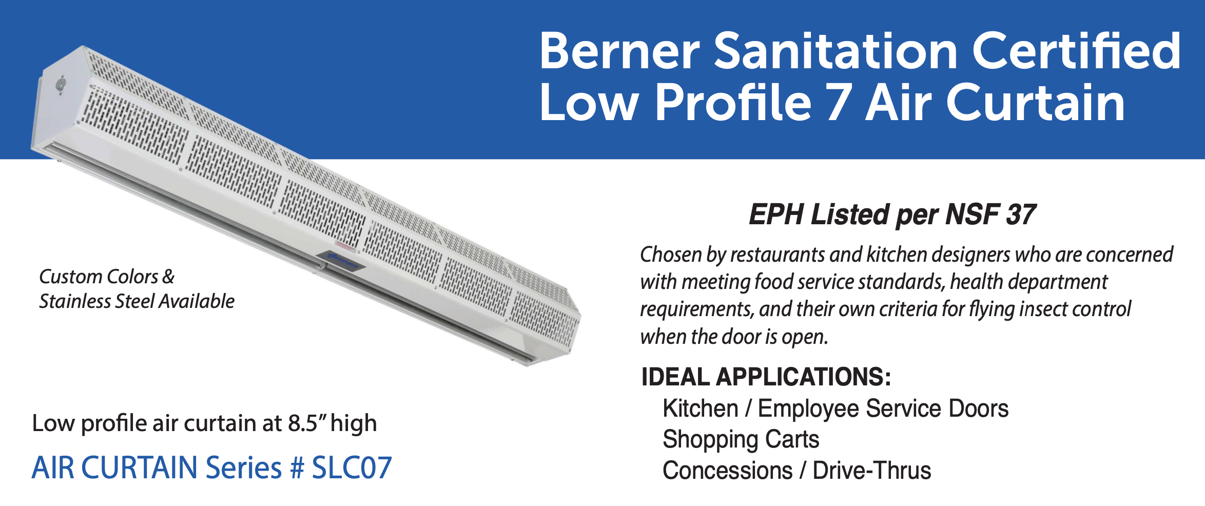 SLC07-1060AB-S01 - 60" White, Ambient Air, 208V, Single Phase - Berner Sanitation Certified Low Profile 7 Series Air Curtain