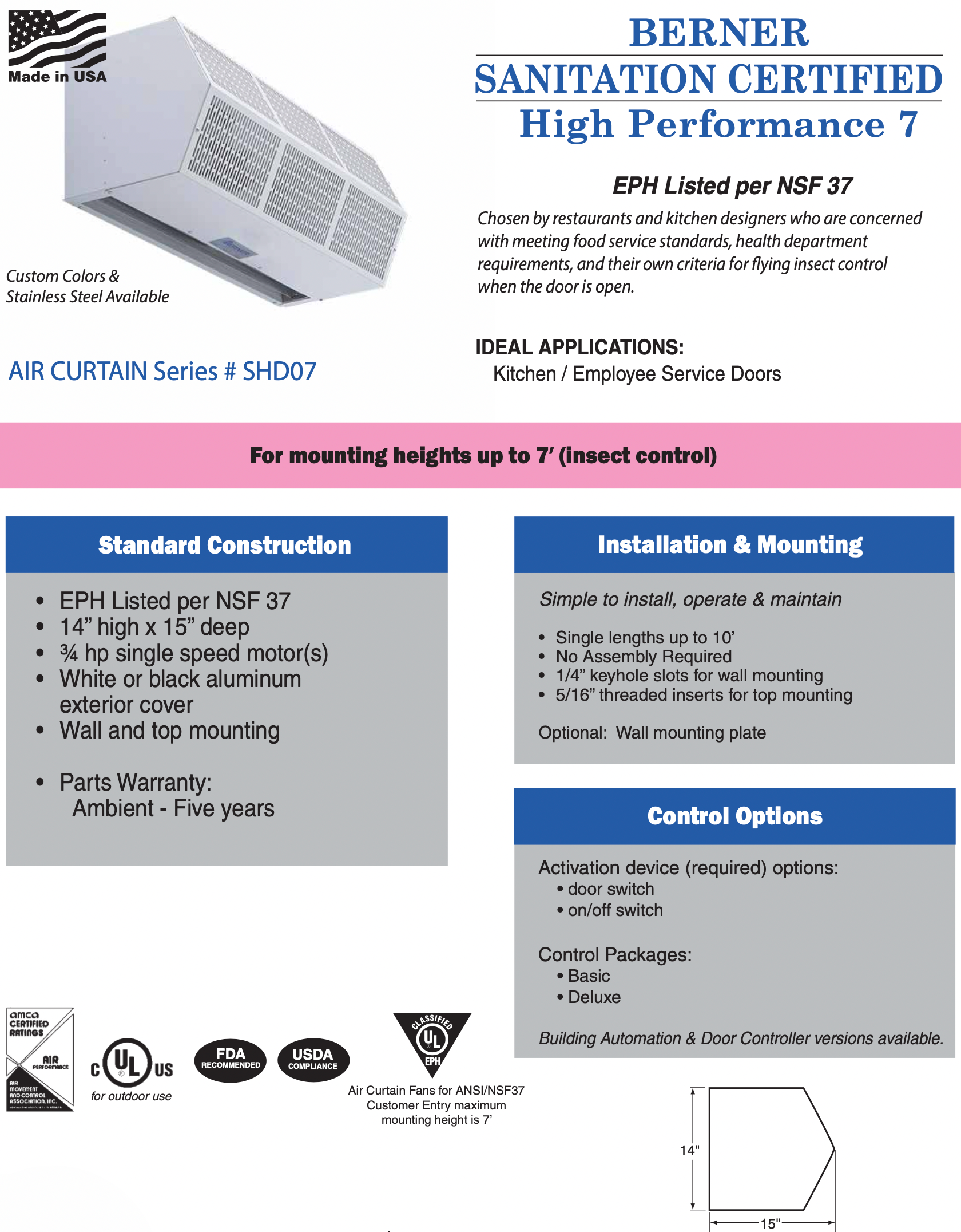 SHD07-1042AA-S01  - 42" White, Ambient Air, 120V - Berner Sanitation Certified High Performance 7 Air Curtain