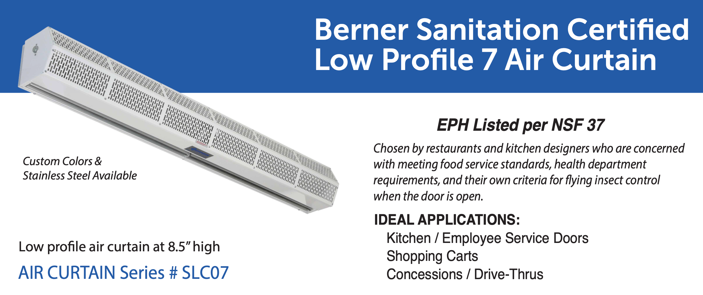 SLC07-1042AA-S01  - 42" White, Ambient Air, 120V - Berner Sanitation Certified Low Profile 7 Series Air Curtain